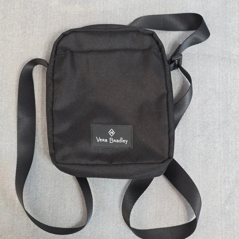 Vera Bradley Crossbody Bag Women Small Black Canvas Floral Lining Utility Purse
